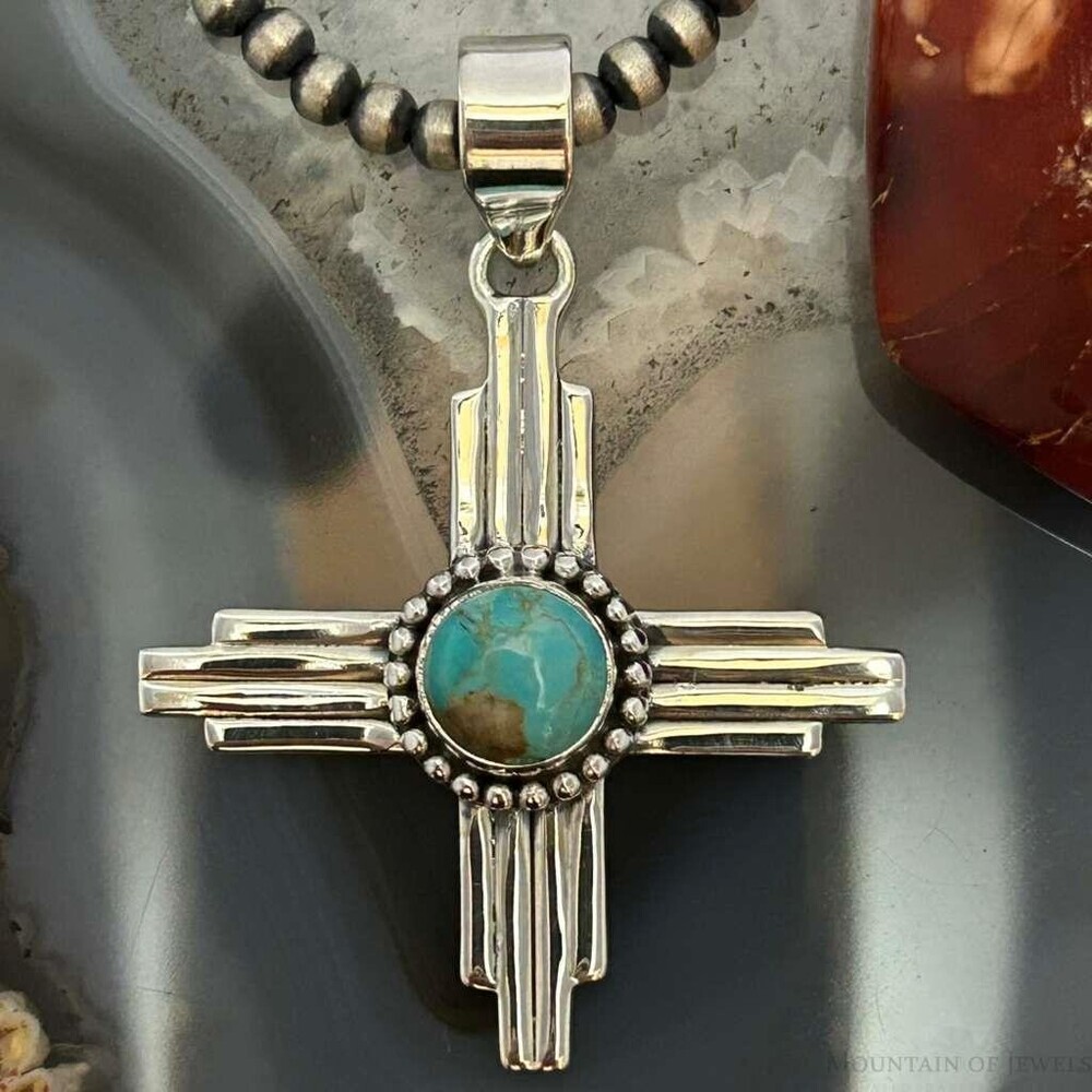 Sterling Silver Southwestern Style Round Mohave Turquoise Unisex Zia Pendant